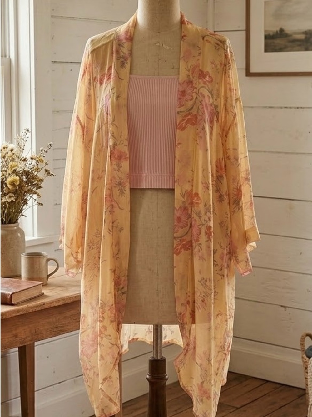 American Eagle| Summery 2 Piece Yellow/Pink Set Sheer Floral Kimono & Cami Sz XL